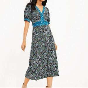 Floral Mix Print Midi Dress V Neck Tie Back Cottagecore Boho Western